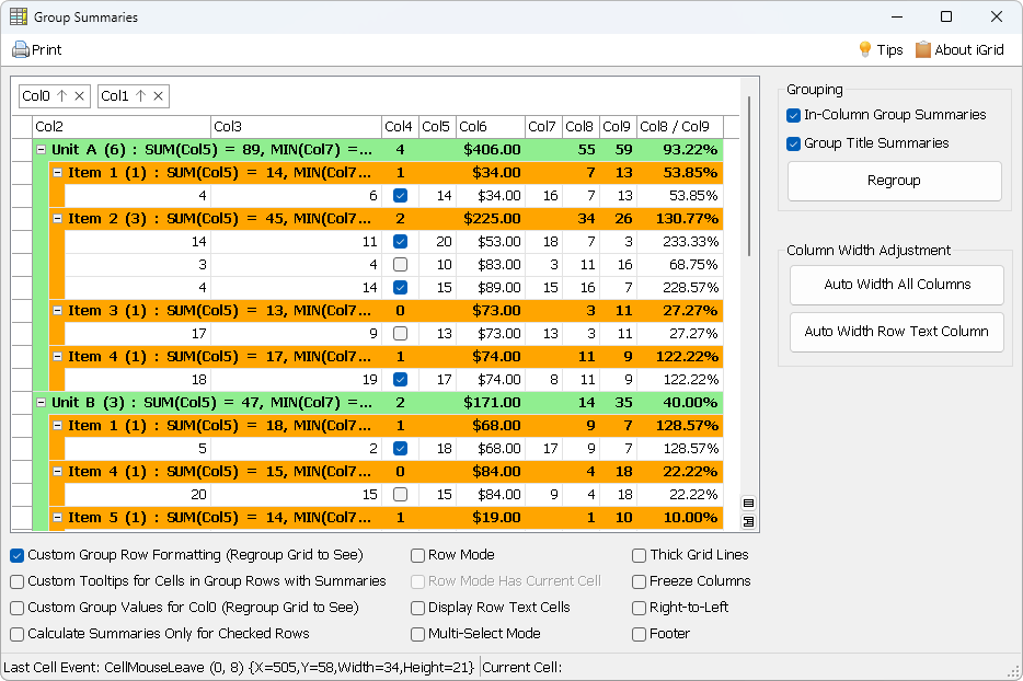 Demo of 10Tec WinForms grid with group summaries